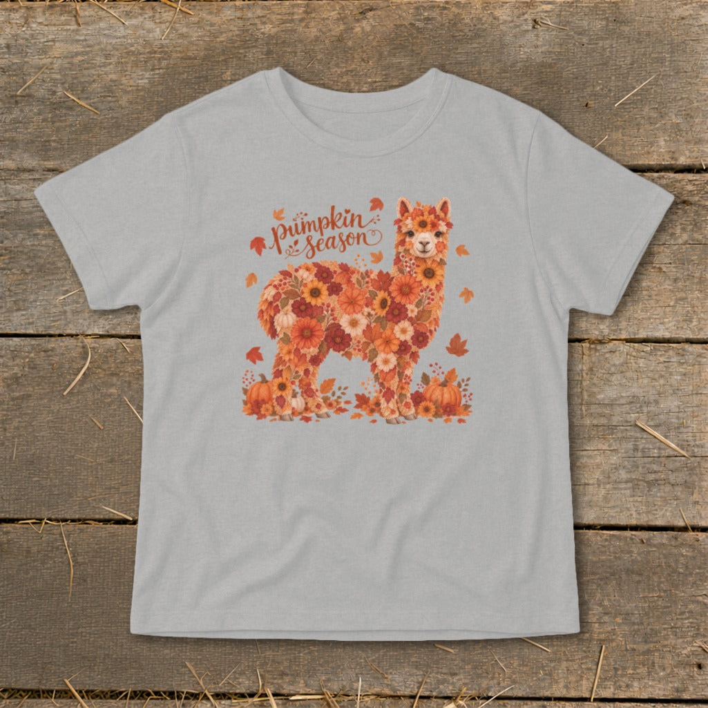 Light grey t-shirt with floral alpaca design and "pumpkin season" text.