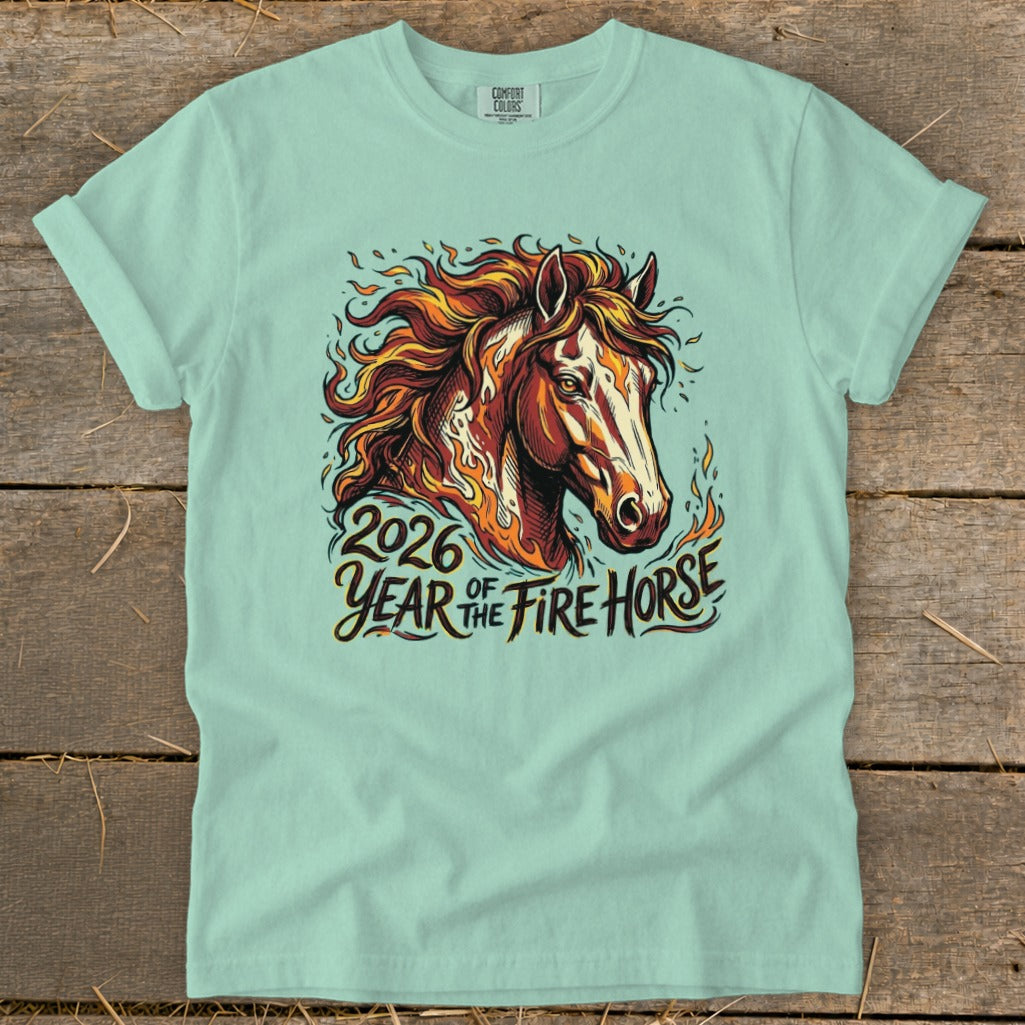 Mint t-shirt with 2026 Year of the Fire Horse graphic featuring a horse head wreathed in flames.