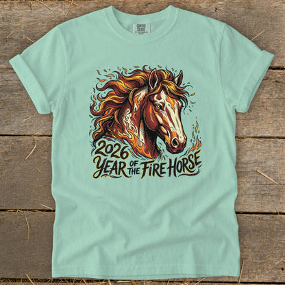 Mint t-shirt with 2026 Year of the Fire Horse graphic featuring a horse head wreathed in flames.