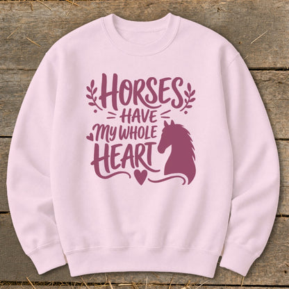 Light pink sweatshirt with "Horses Have My Whole Heart" text and horse silhouette.