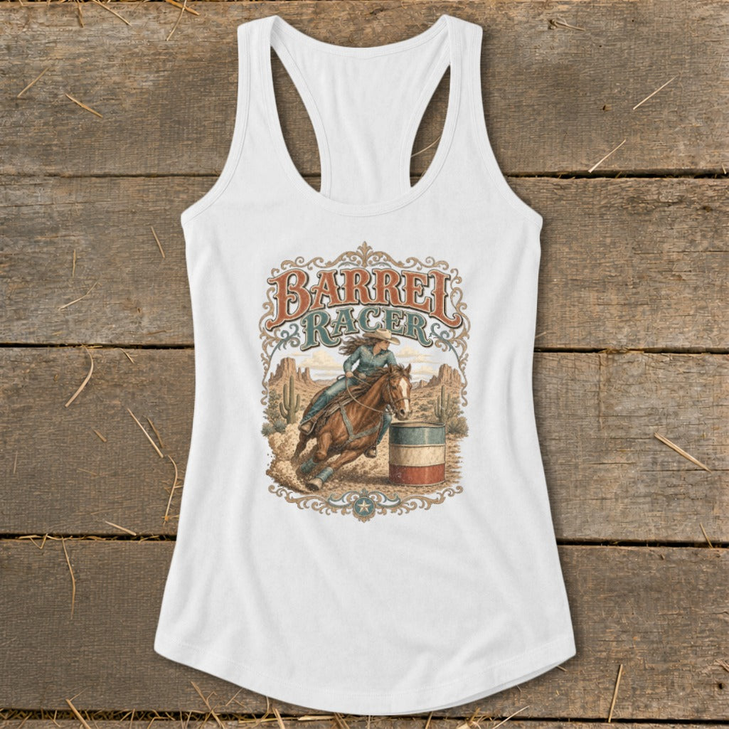 Barrel racer on horse turns barrel with desert landscape and "Barrel Racer" text.