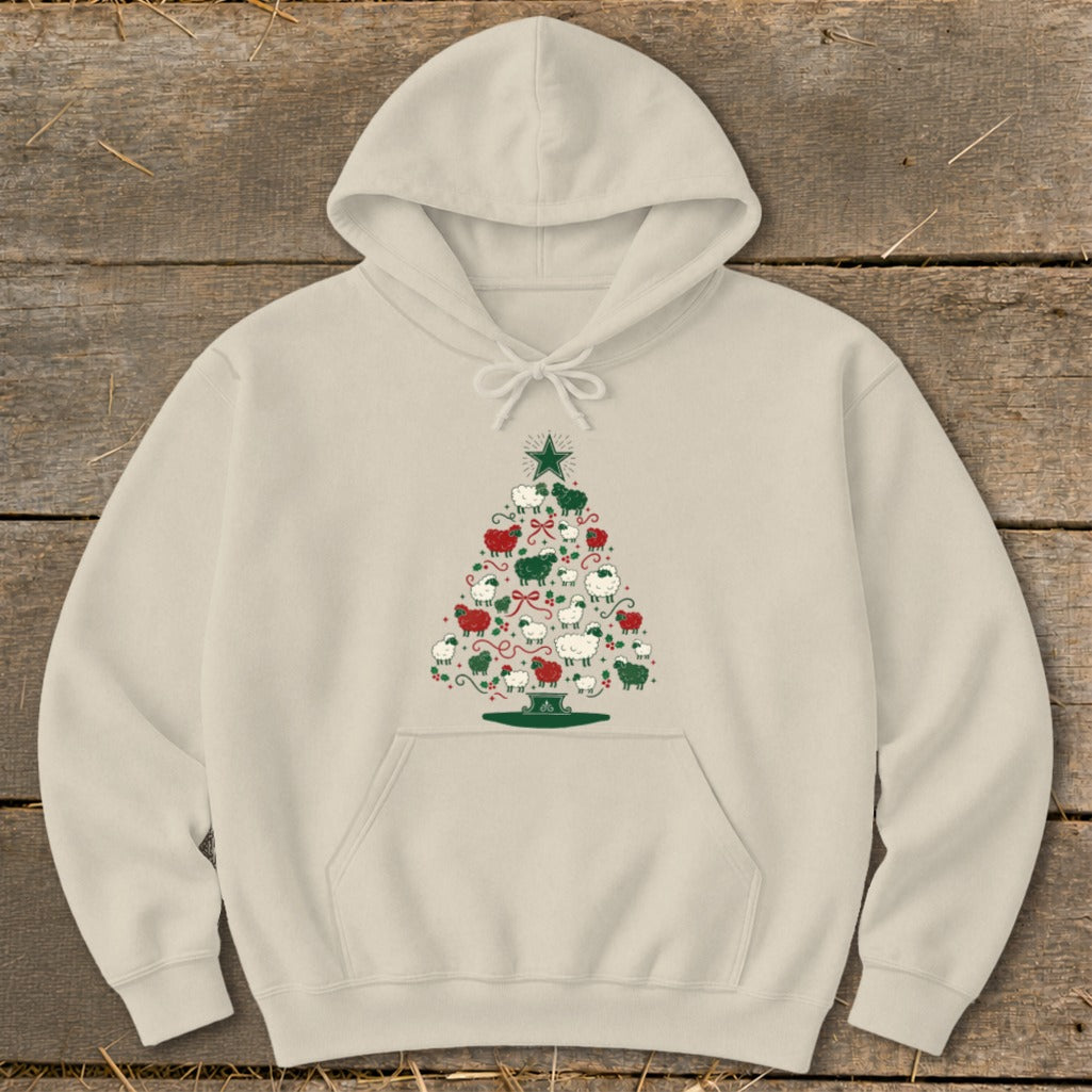 Light beige hoodie with a Christmas tree made of sheep and festive decorations.