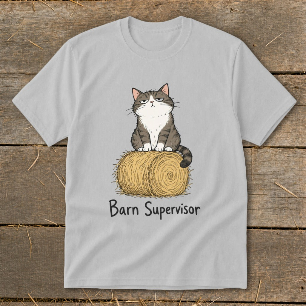 Gray t-shirt with a grumpy cat sitting on a hay bale, text reads "Barn Supervisor."
