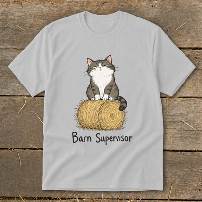 Gray t-shirt with a grumpy cat sitting on a hay bale, text reads "Barn Supervisor."
