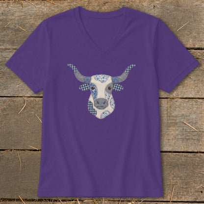 Purple v-neck t-shirt with a patchwork bull's head graphic.