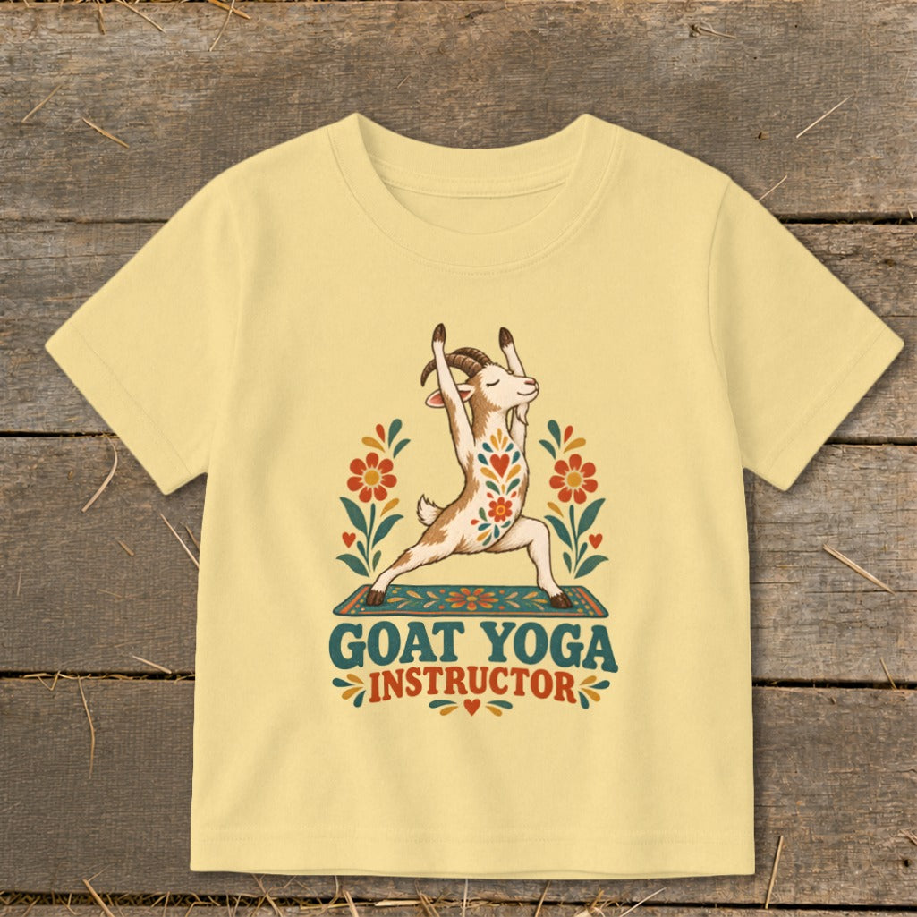 Goat in yoga pose on mat with floral accents and "Goat Yoga Instructor" text.