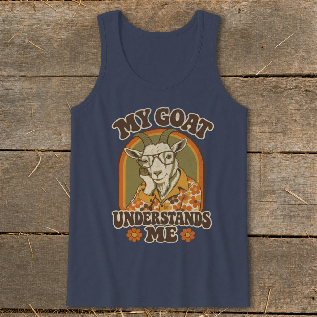 Navy tank top with retro graphic of a goat wearing glasses and shirt, reading "My Goat Understands Me."