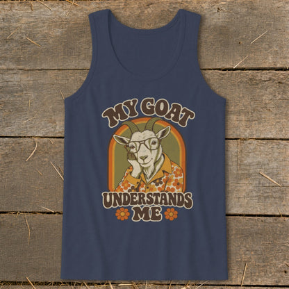 Navy tank top with retro graphic of a goat wearing glasses and shirt, reading "My Goat Understands Me."
