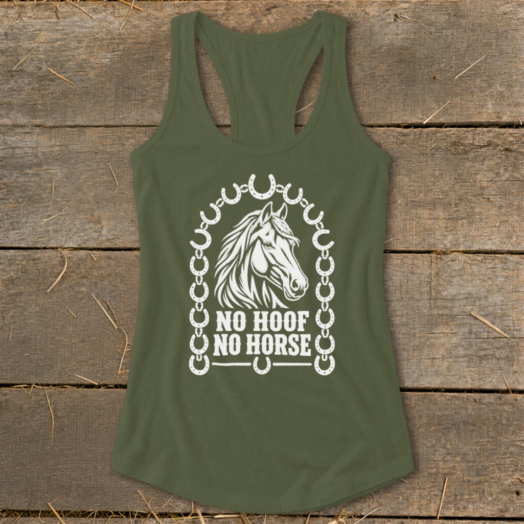 Olive green tank top with horse graphic and "NO HOOF NO HORSE" text.