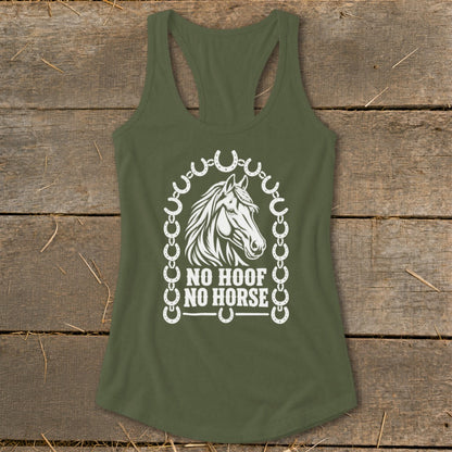Olive green tank top with horse graphic and "NO HOOF NO HORSE" text.