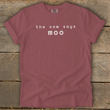 Maroon t-shirt with white text "the cow says moo".