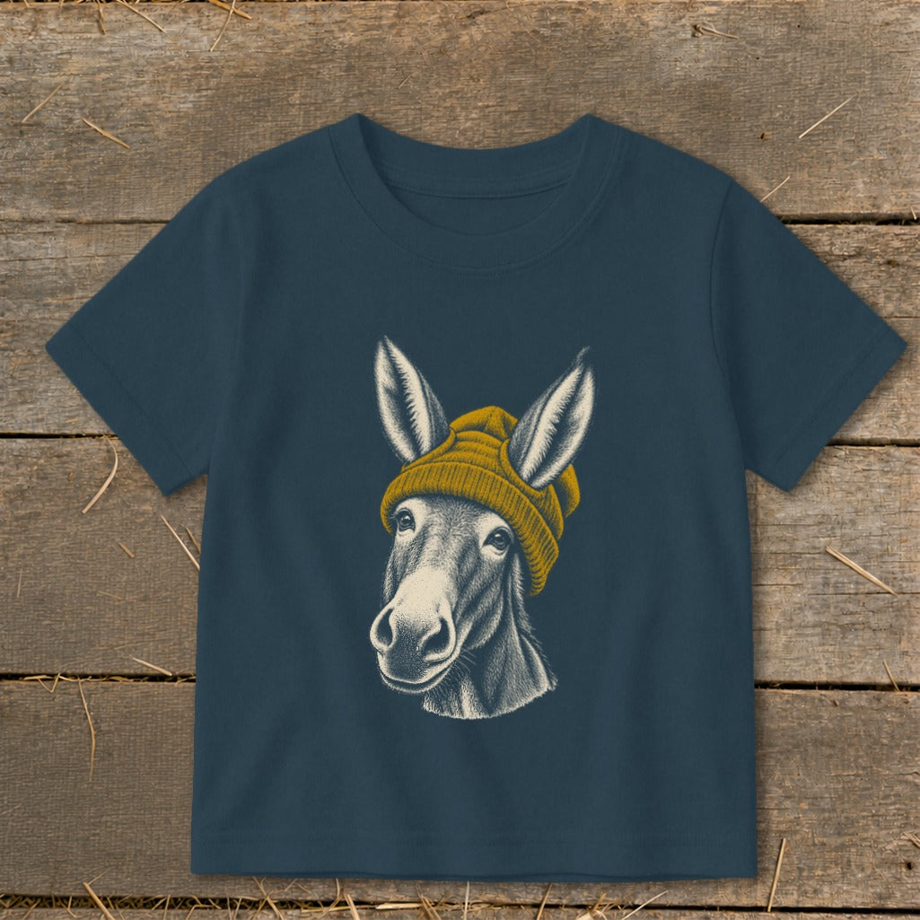 Donkey wearing a yellow beanie on a navy blue t-shirt.
