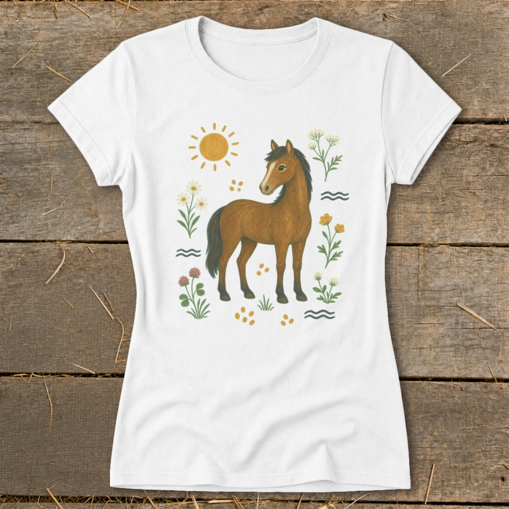 White t-shirt with brown horse and floral illustrations.