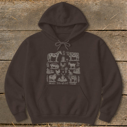 Brown hoodie with a grid of vintage farm animal illustrations.