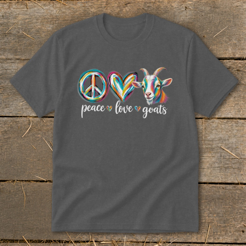 Dark grey t-shirt with colorful peace sign, heart, and goat, text reads "peace love goats."
