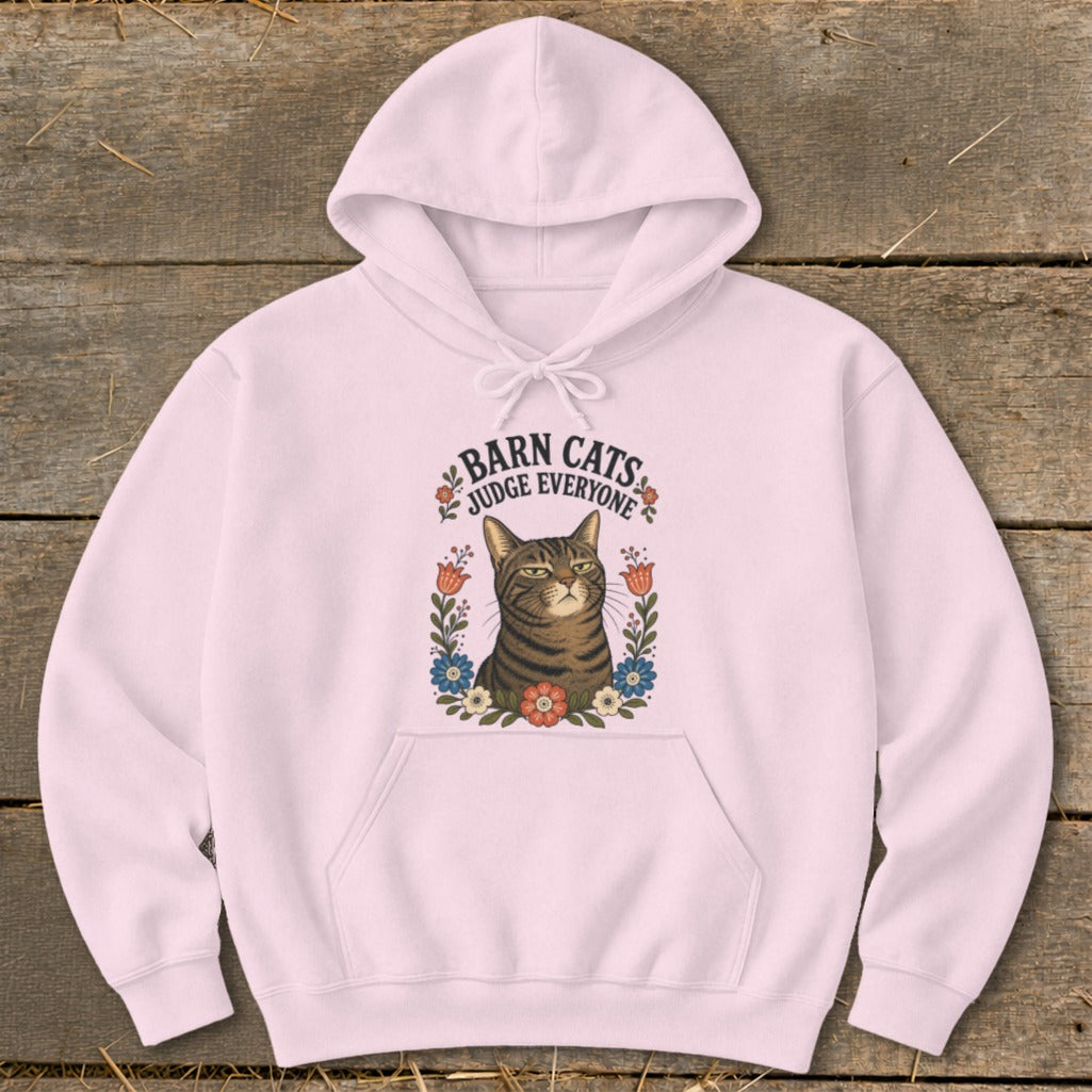Pink hoodie with a tabby cat and text "Barn Cats Judge Everyone".