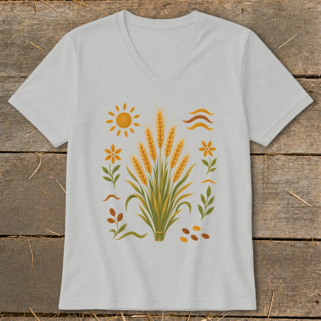 Light gray v-neck t-shirt with wheat, sun, flowers, and waves graphic.