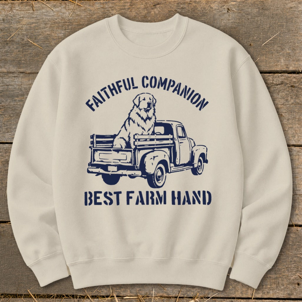 Cream sweatshirt with navy graphic of dog in truck, "Faithful Companion" and "Best Farm Hand".