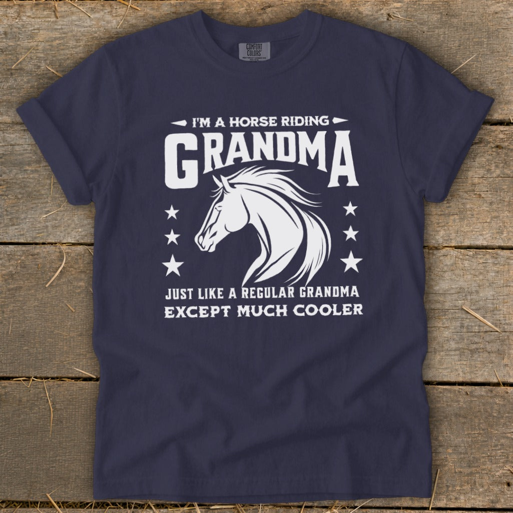 Navy t-shirt with white text and horse graphic: "I'm a horse riding Grandma except much cooler."