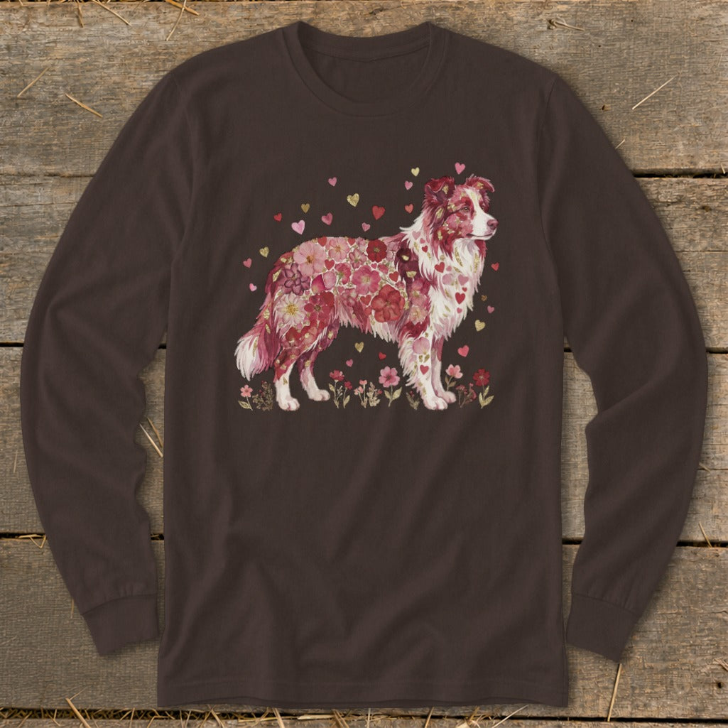 Brown long-sleeve shirt with a dog covered in pink and red flowers.