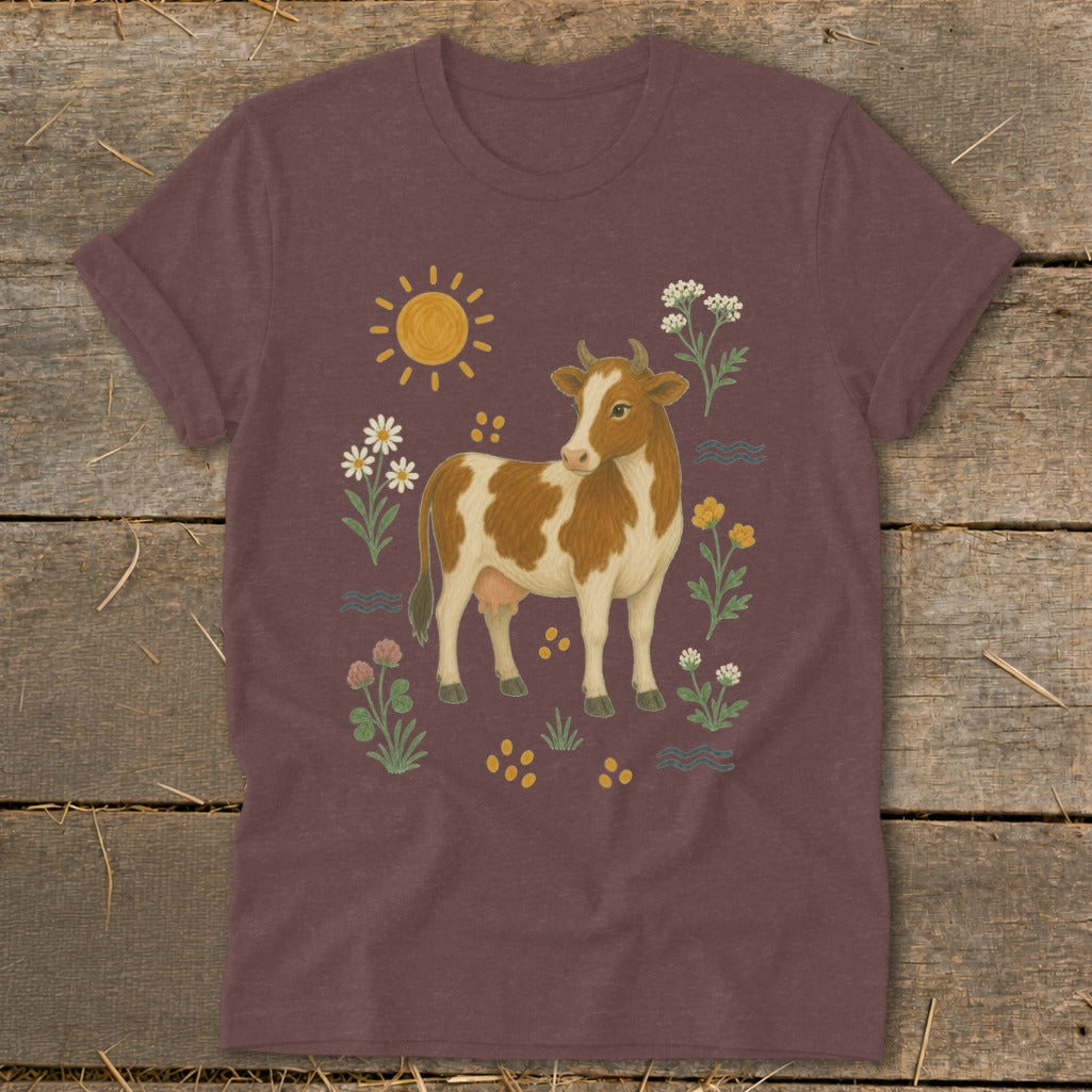 Brown and white cow illustration with flowers, sun, and wavy lines on a maroon t-shirt.