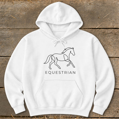 White hooded sweatshirt with a black line drawing of a horse and the word "EQUESTRIAN".