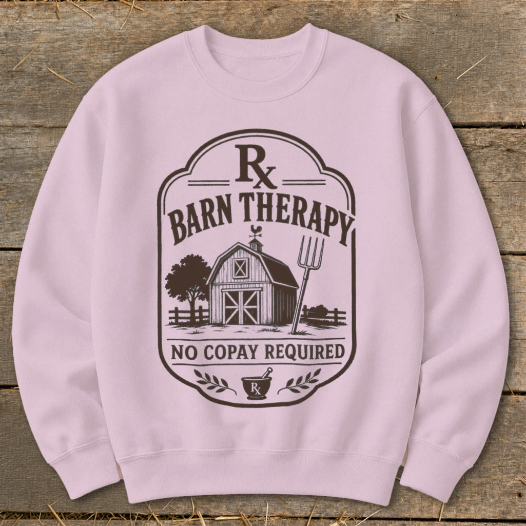 Pink sweatshirt with "Rx Barn Therapy No Copay Required" graphic.