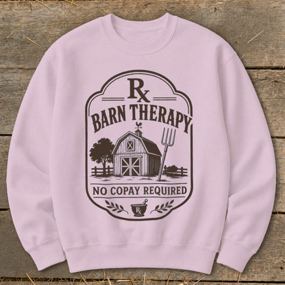 Pink sweatshirt with "Rx Barn Therapy No Copay Required" graphic.