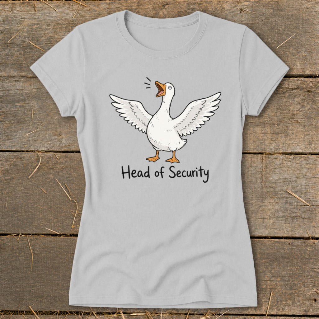 Light grey t-shirt with a goose graphic and "Head of Security" text.