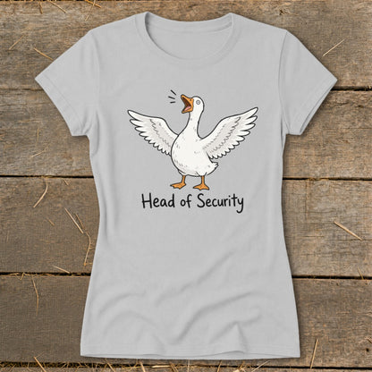 Light grey t-shirt with a goose graphic and "Head of Security" text.