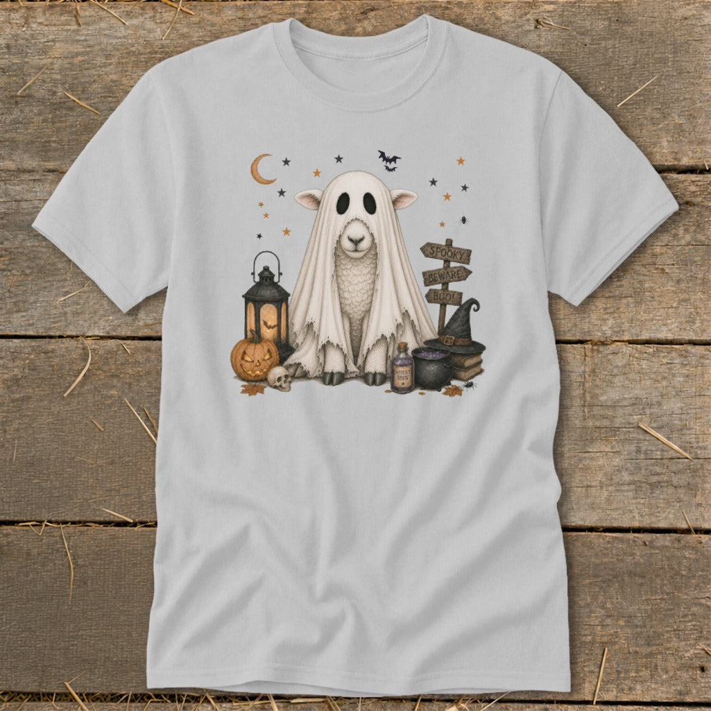 Sheep in a ghost costume with Halloween decorations and "Spooky Beware Boo!" sign.