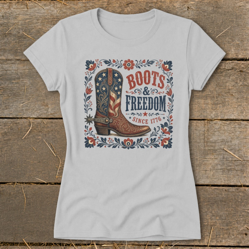 Light gray t-shirt with "Boots & Freedom Since 1776" graphic and cowboy boot.
