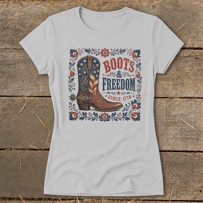 Light gray t-shirt with "Boots & Freedom Since 1776" graphic and cowboy boot.