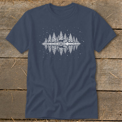 Dark blue t-shirt with white graphic of a deer in a snowy forest reflected in water.