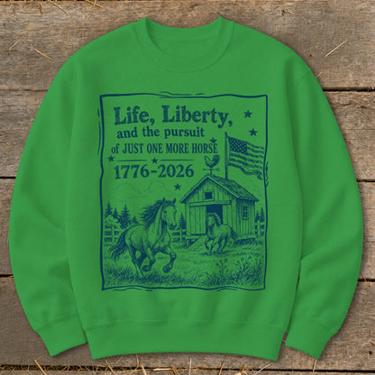 Green sweatshirt with dark blue graphic of horses, barn, American flag, and text.