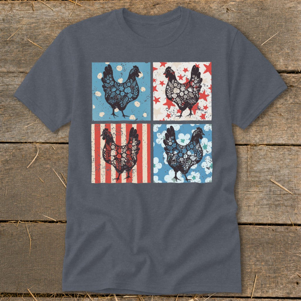 Four roosters in floral and star patterns on a gray t-shirt.