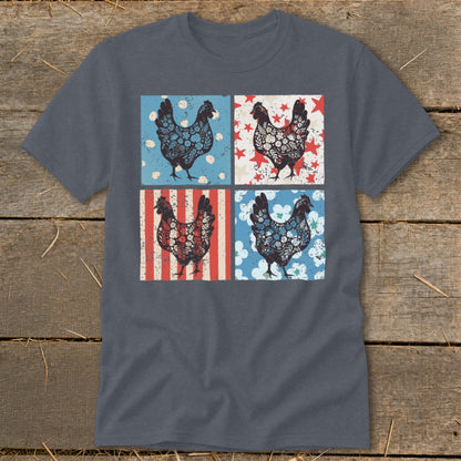 Four roosters in floral and star patterns on a gray t-shirt.