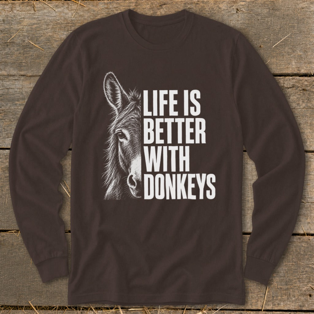 Brown long-sleeve shirt with a donkey illustration and text "LIFE IS BETTER WITH DONKEYS".