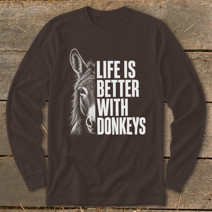 Brown long-sleeve shirt with a donkey illustration and text "LIFE IS BETTER WITH DONKEYS".