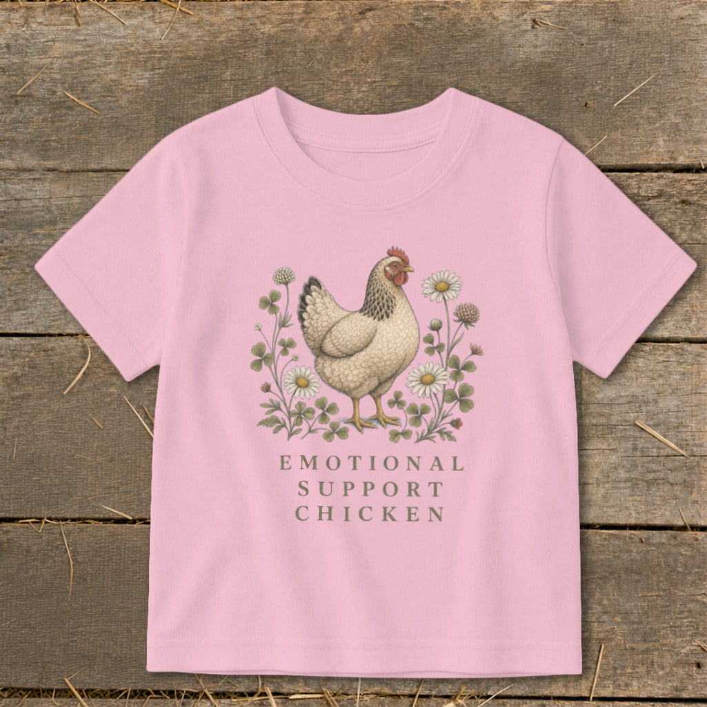 Pink t-shirt with a chicken graphic and the text "EMOTIONAL SUPPORT CHICKEN".