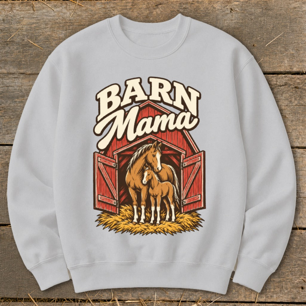 Barn Mama text with a horse and foal in a red barn on a grey sweatshirt.