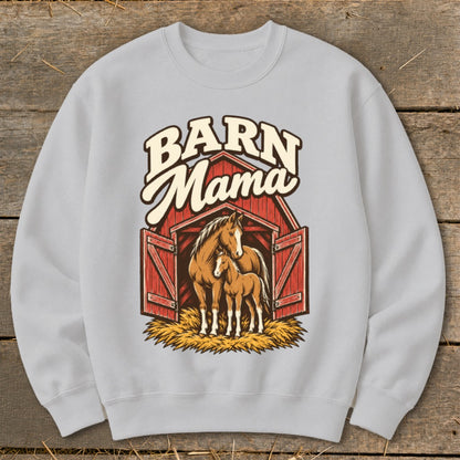 Barn Mama text with a horse and foal in a red barn on a grey sweatshirt.