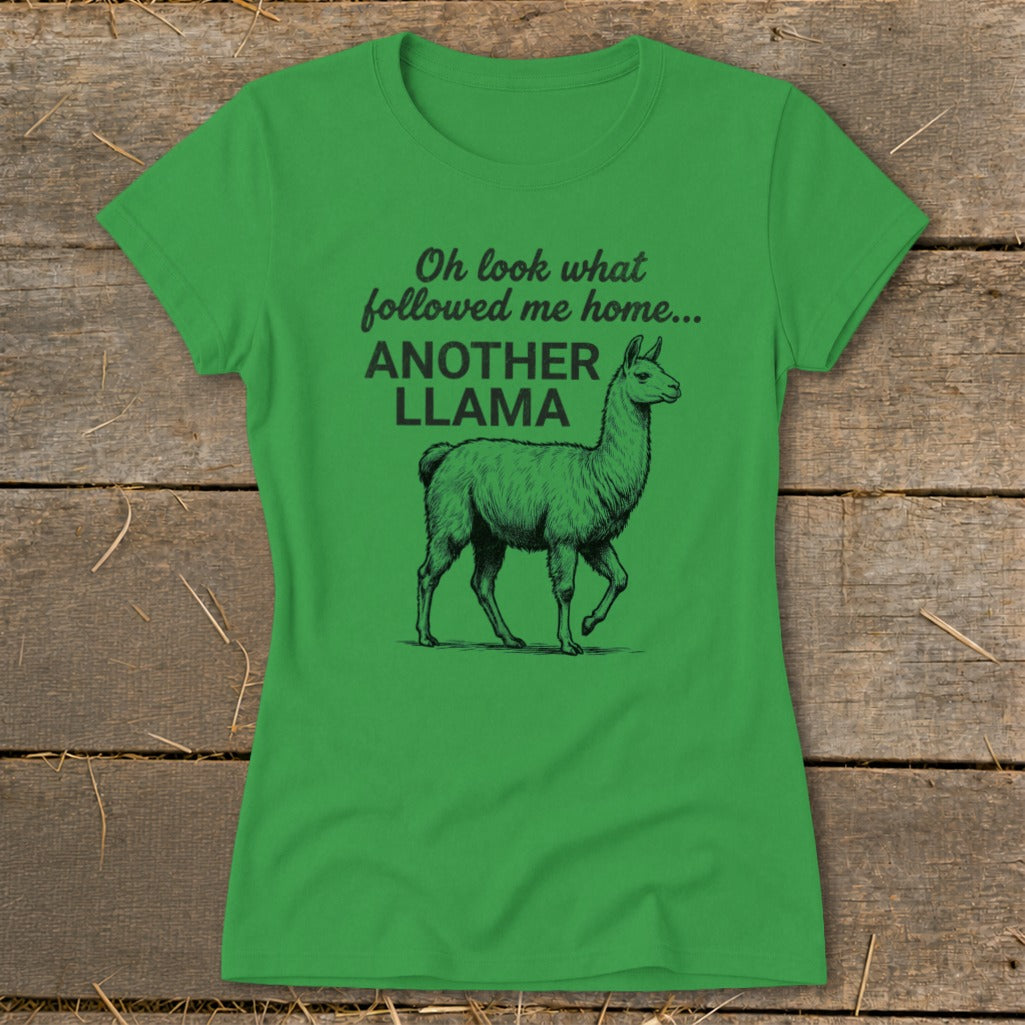 Green t-shirt with black text and a llama graphic: "Oh look what followed me home... ANOTHER LLAMA"