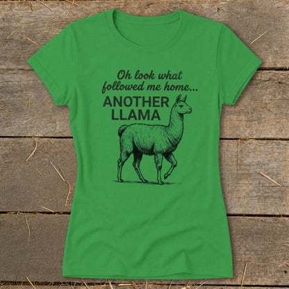 Green t-shirt with black text and a llama graphic: "Oh look what followed me home... ANOTHER LLAMA"
