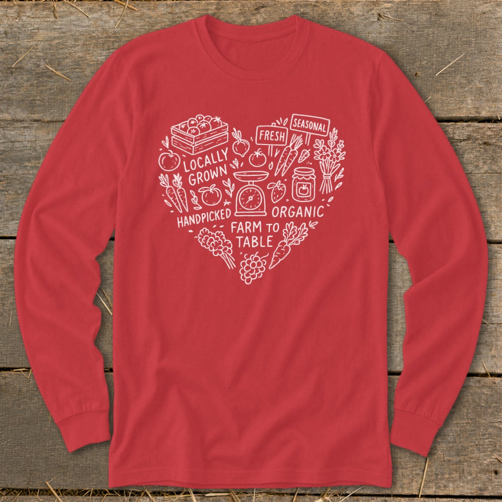 Red long-sleeve shirt with white heart design of produce and text.