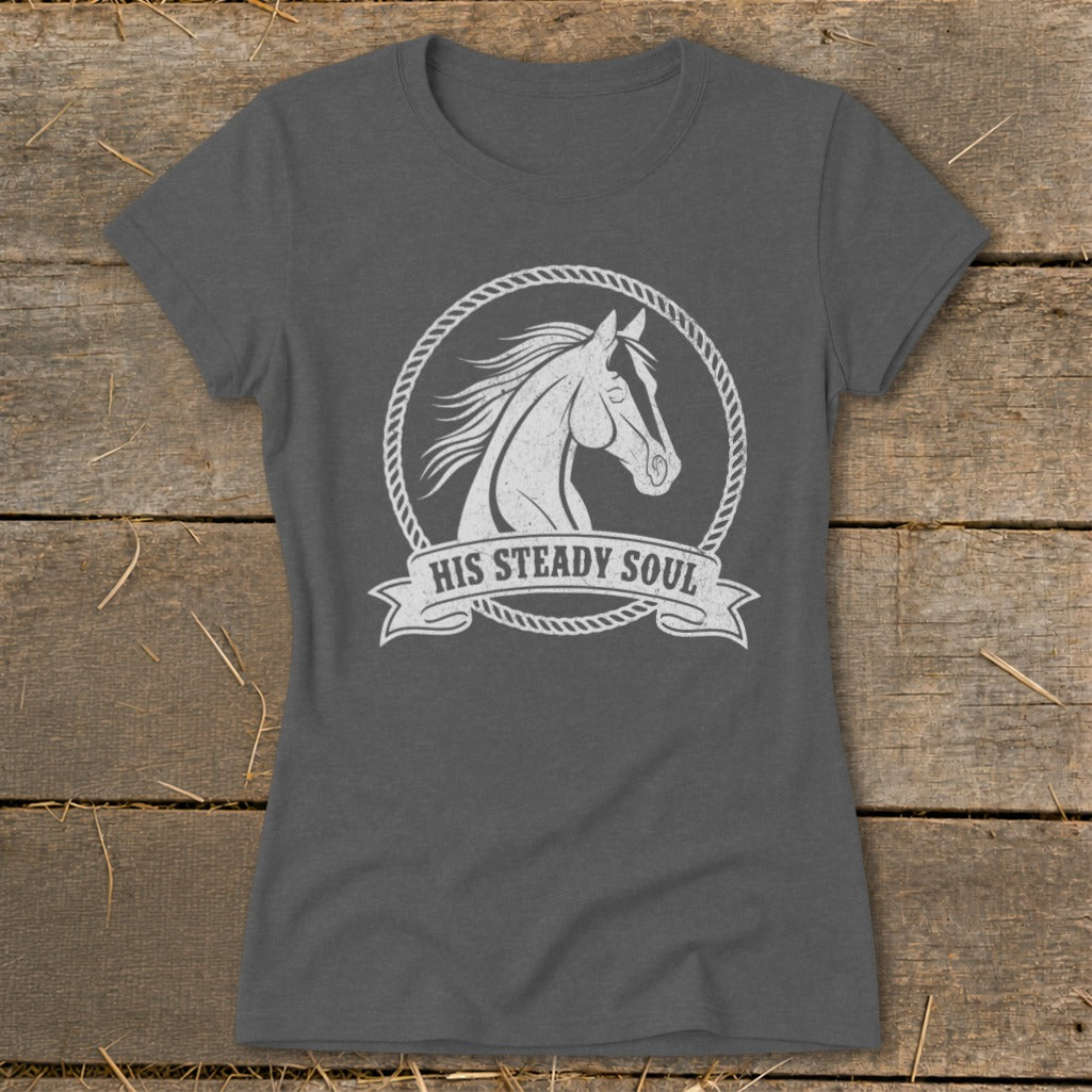 Gray t-shirt with a white horse head inside a rope circle and "HIS STEADY SOUL" text.