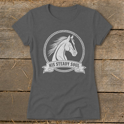 Gray t-shirt with a white horse head inside a rope circle and "HIS STEADY SOUL" text.