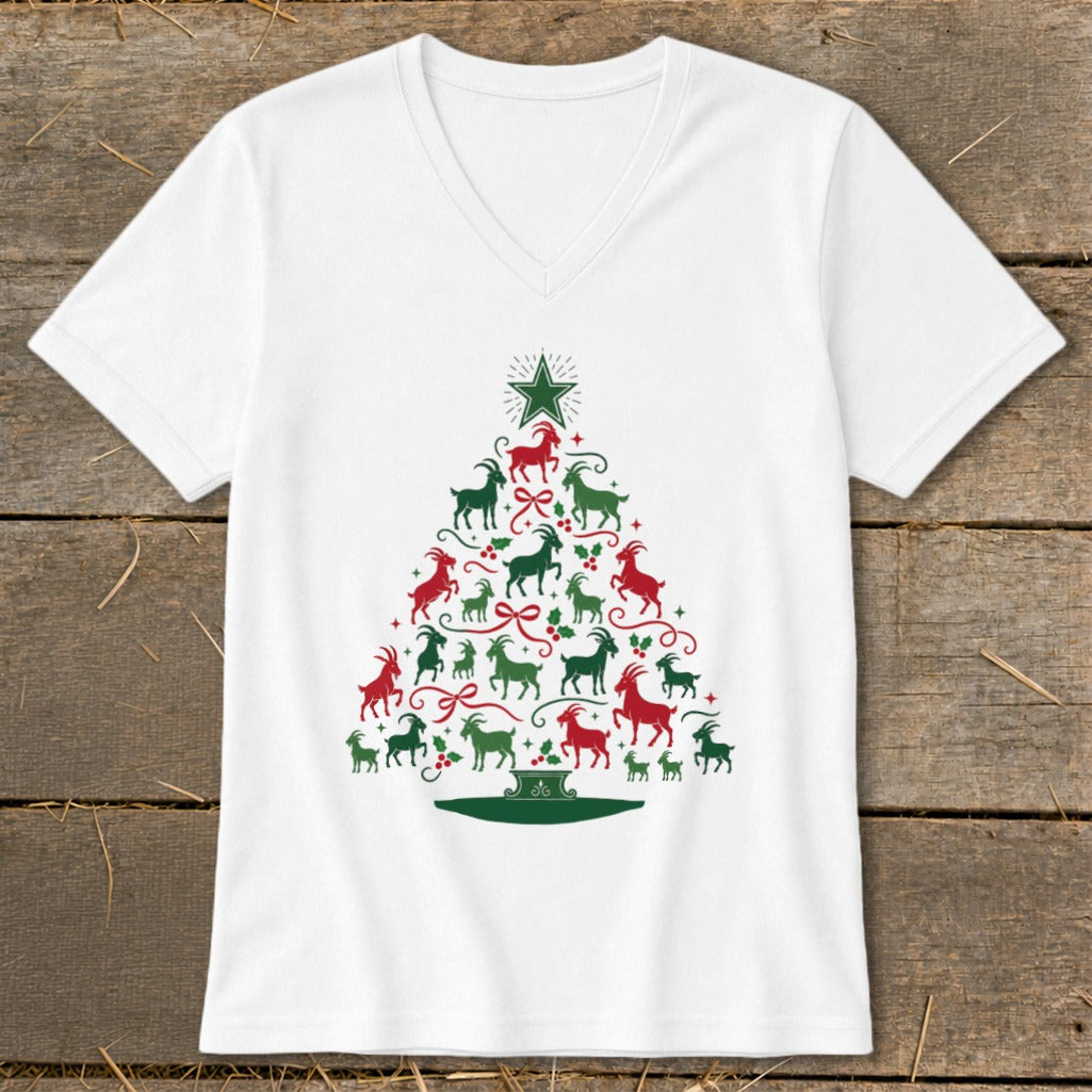 White v-neck t-shirt with a Christmas tree made of red and green goats.