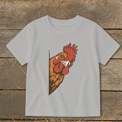 Light gray t-shirt with a cartoon rooster peeking from the side.