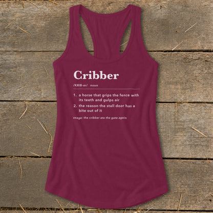 Maroon women's racerback tank top featuring a dictionary-style definition graphic with the word "Cribber" printed on the front.